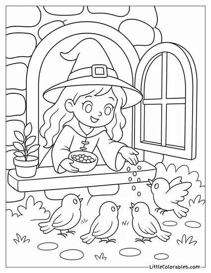 Cute Witch Feeding a Flock of Birds From Her Cottage Windowsill Coloring Page