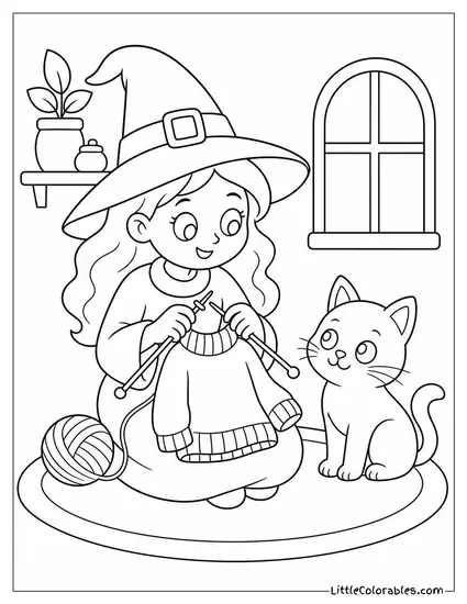 Cute Witch Knitting a Cozy Sweater for Her Black Cat Coloring Page