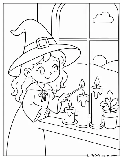 Cute Witch Lighting Candles Along a Cozy Windowsill at Dusk Coloring Page
