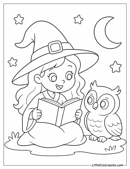 Cute Witch Reading a Storybook to a Curious Little Owl Coloring Page