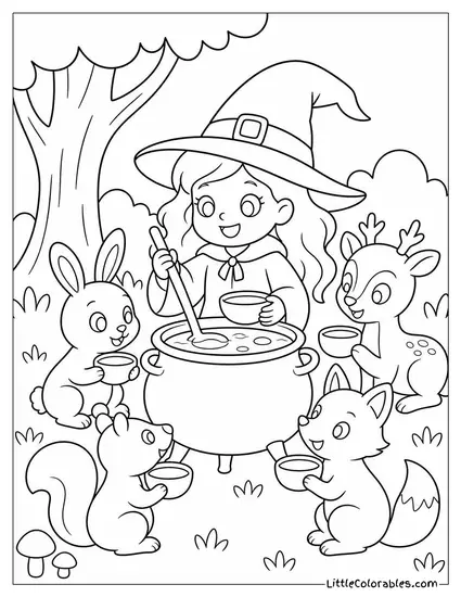 Cute Witch Sharing a Cauldron of Soup With Forest Creatures Coloring Page