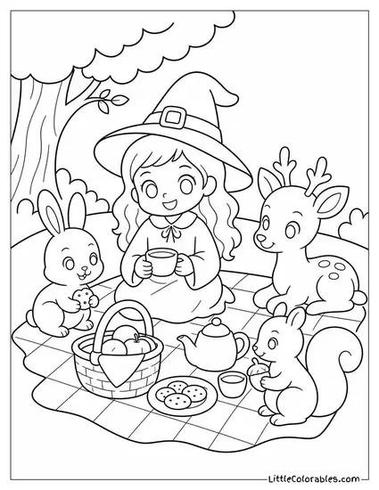 Cute Witch Sharing a Picnic Blanket With Woodland Animal Friends Coloring Page