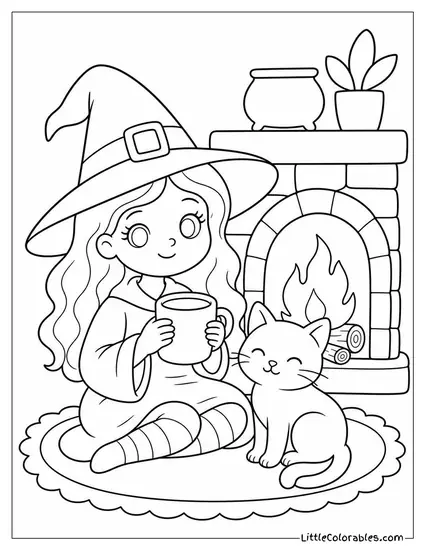 Cute Witch Sitting by a Fireplace With a Warm Mug and Her Cat Coloring Page
