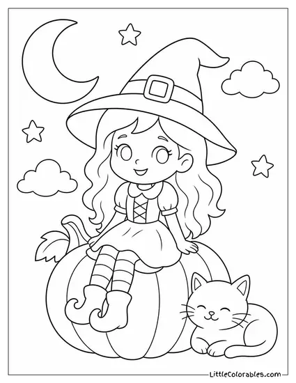 Cute Witch Sitting on a Pumpkin With a Small Black Cat Curled Beside Her Coloring Page