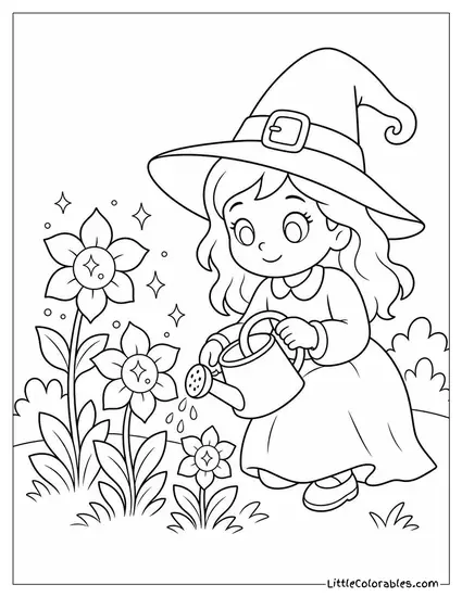Cute Witch Tending a Garden of Glowing Magical Flowers Coloring Page