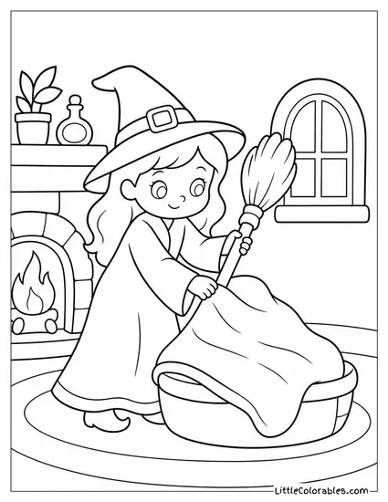 Cute Witch Tucking Her Broomstick in for the Night by the Fire Coloring Page
