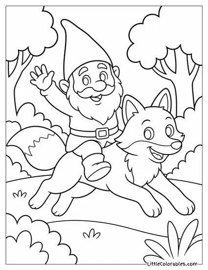 David the Gnome Riding His Fox Swift Through a Sunny Forest Coloring Page