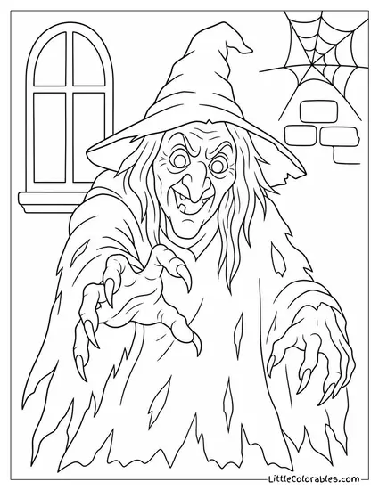 Decrepit Witch With Sharp Jagged Fingernails Reaching Out From a Tattered Cloak Coloring Page