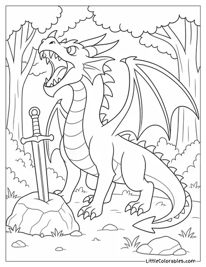 Draco the Dragon Roaring Beside a Knight's Sword in a Misty Forest Coloring Page