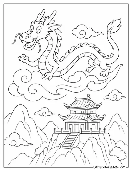 Dragon From Mulan Riding the Wind Above a Mountain Temple Coloring Page