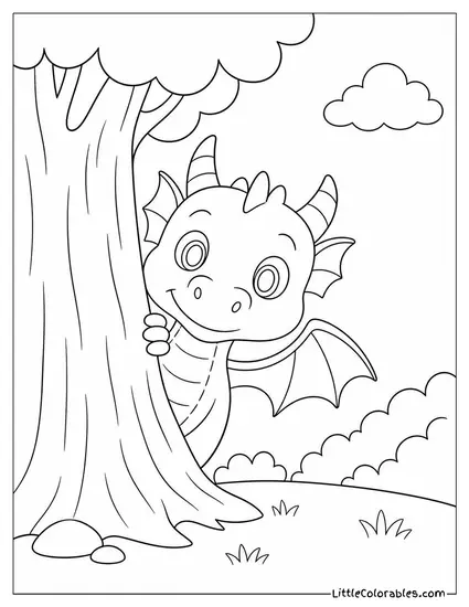 Elliot the Invisible Dragon Peeking Out From Behind a Forest Tree Coloring Page
