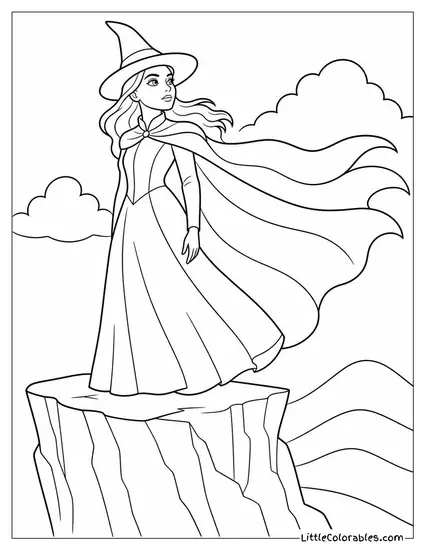 Elphaba Standing Atop a Cliff With Her Cape Billowing in the Wind Coloring Page