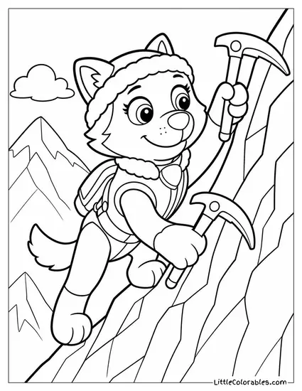 Everest Climbing a Steep Icy Cliff Using Her Pickaxe With a Focused Look Coloring Page