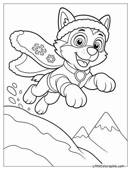 Everest Dressed as a Superhero With a Snowy Cape Leaping Off a Snow Hill Coloring Page
