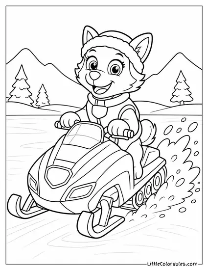 Everest Driving Her Snowmobile Across a Frozen Lake With Snow Spraying Behind Her Coloring Page