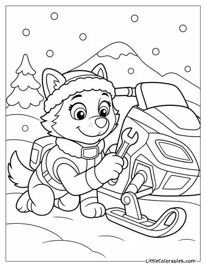 Everest Fixing Her Snowmobile With a Wrench While Snow Falls Around Her Coloring Page