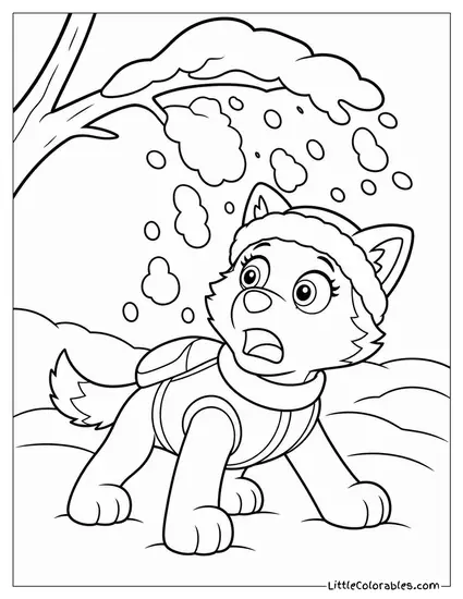 Everest Getting Snowed On by an Avalanche of Flakes From a Tree Branch With a Startled Face Coloring Page