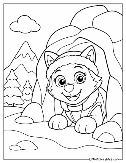 Everest Peeking Out of a Cave in a Snowy Mountain With Wide Curious Eyes Coloring Page