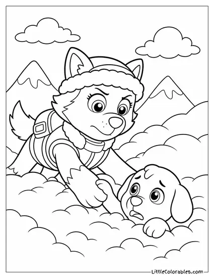 Everest Rescuing a Puppy From a Snowdrift With a Determined Expression Coloring Page