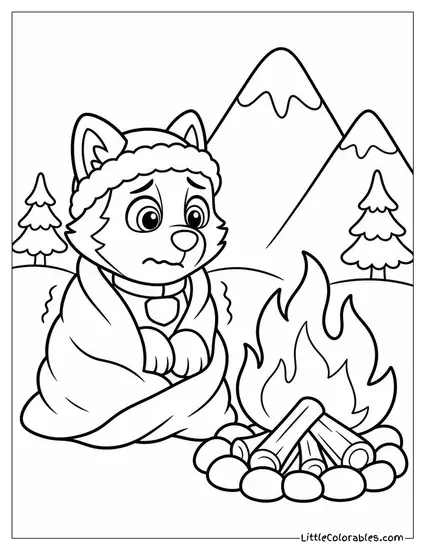 Everest Shivering in the Cold Beside a Crackling Campfire With a Blanket Coloring Page