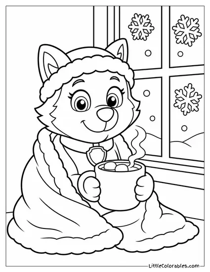 Everest Sipping Hot Cocoa in a Cozy Blanket by a Frosty Window Coloring Page