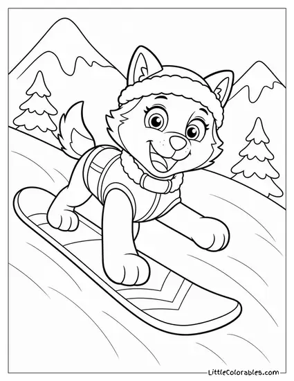 Everest Sliding Down a Snowy Mountain Slope on Her Snowboard With a Thrilled Grin Coloring Page