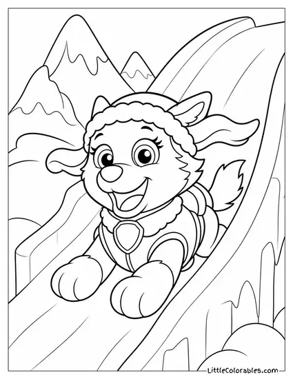 Everest Sliding Down an Ice Slide With Her Ears Flapping and a Laugh Coloring Page