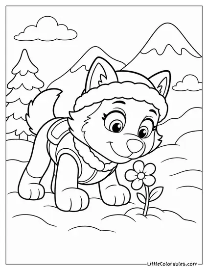 Everest Sniffing a Tiny Flower Blooming Through the Snow With a Gentle Smile Coloring Page