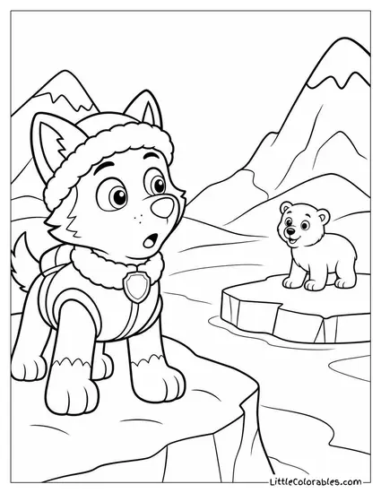 Everest Spotting a Polar Bear Cub Across a Frozen Valley With Surprised Eyes Coloring Page