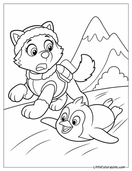 Everest Startled by a Penguin Sliding Past on Its Belly Coloring Page