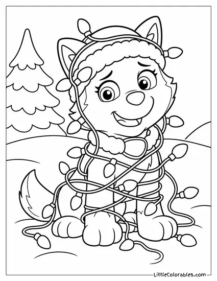 Everest Tangled in a Strand of Colorful String Lights With an Embarrassed Grin Coloring Page