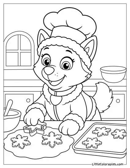 Everest Wearing a Chef Hat Baking Snowflake Cookies in a Warm Kitchen Coloring Page