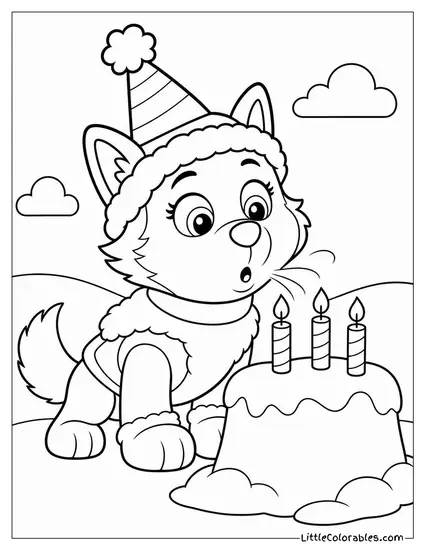 Everest Wearing a Party Hat Blowing Out Candles on a Snow Shaped Cake Coloring Page
