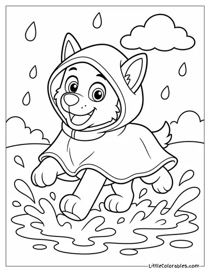 Everest Wearing a Rain Poncho Splashing Through Slushy Puddles Coloring Page