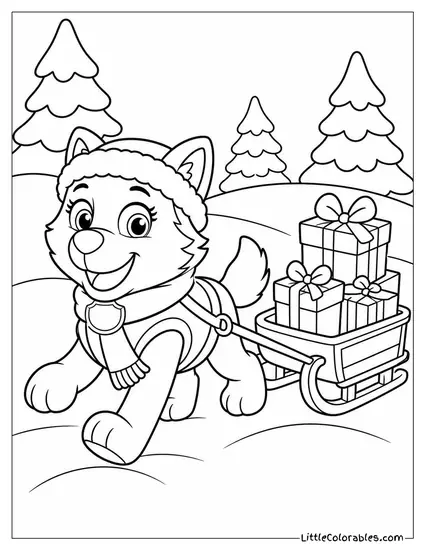 Everest Wearing a Scarf Pulling a Sled of Presents Through a Snowy Forest Coloring Page