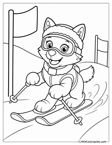 Everest Wearing Ski Goggles Speeding Down a Slalom Course Between Flags Coloring Page