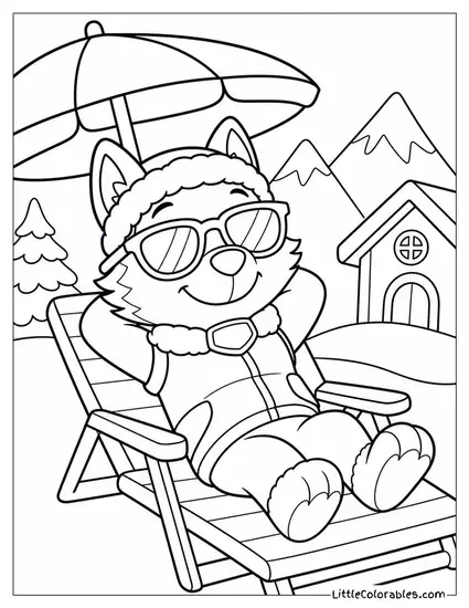 Everest Wearing Sunglasses Lounging on a Beach Chair in a Cheerful Snow Resort Coloring Page