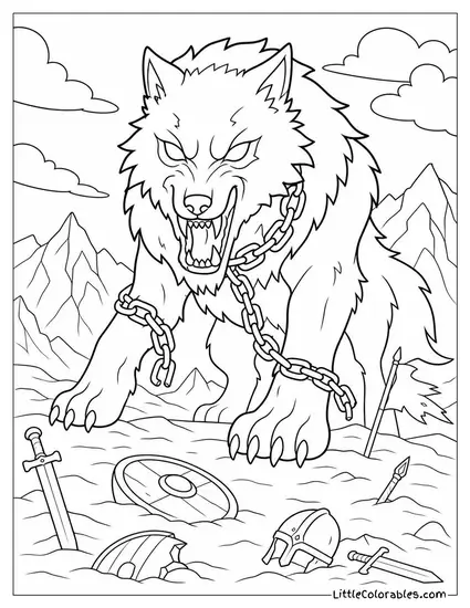 Fenrir Style Giant Mythic Wolf Werewolf Looming Over a Frozen Battlefield Coloring Page