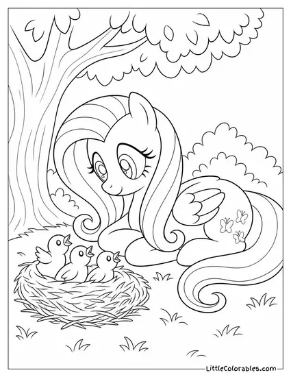 Fluttershy Resting Gently Beside a Nest of Baby Birds Coloring Page