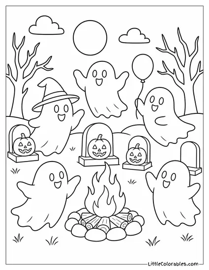 Ghosts Having a Party Around a Graveyard Bonfire With Jack O Lanterns on the Tombstones Coloring Page