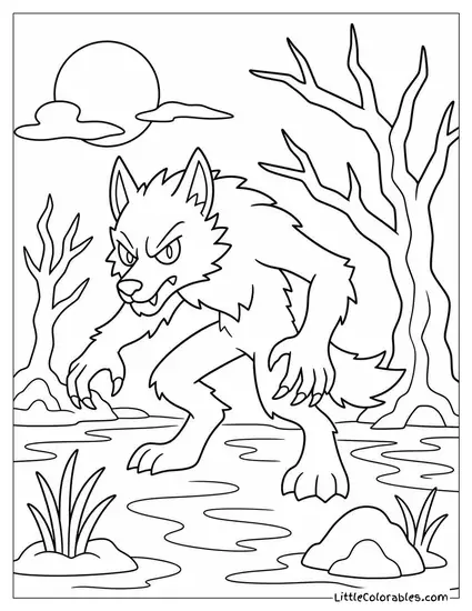Gmork Style Shadow Werewolf Lurking in a Dark Swampy Wasteland Coloring Page
