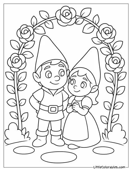 Gnomeo and Juliet Standing Together Beneath a Blooming Rose Arch Coloring Page