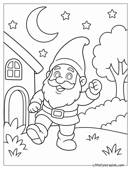 Gnorm the Garden Gnome Statue Coming to Life in a Moonlit Yard Coloring Page