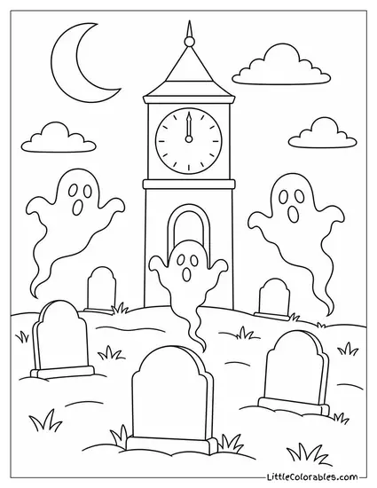 Graveyard at Midnight With a Clock Tower Striking Twelve and Ghosts Rising From the Graves Coloring Page