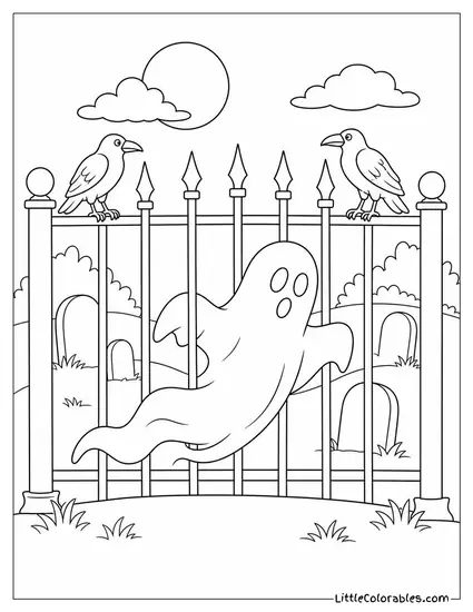 Graveyard Fence With Spiky Bars Crows Perched on Top and a Ghost Slipping Through Coloring Page