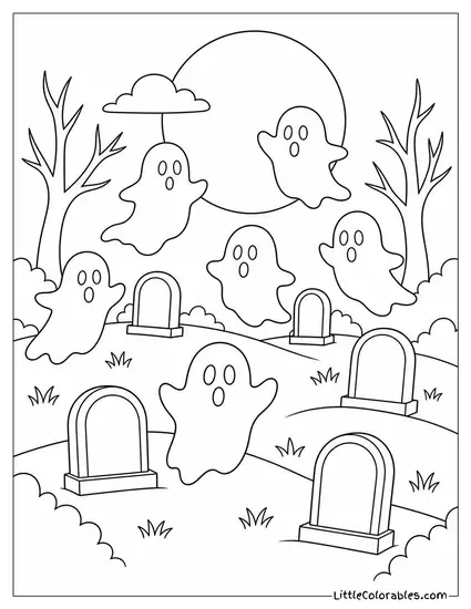 Graveyard Full of Ghosts Floating Between Tombstones as a Full Moon Rises Behind Them Coloring Page