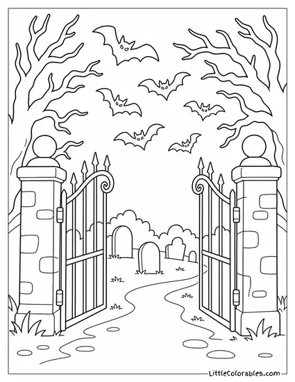 Graveyard Gate Creaking Open as Bats Explode From the Trees Above Coloring Page