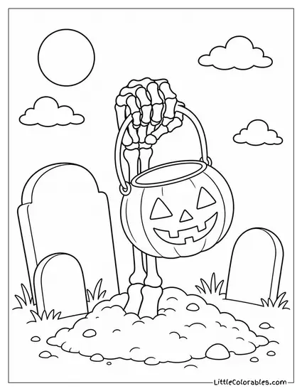 Graveyard Grave With a Skeleton Hand Holding a Candy Bucket Sticking Out of the Dirt Coloring Page