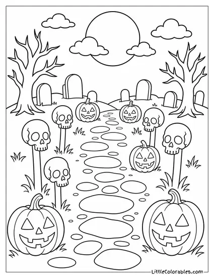Graveyard Path Lined With Skulls on Stakes and Glowing Jack O Lanterns Coloring Page