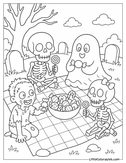 Graveyard Picnic With Skeletons Ghosts and a Zombie Sharing Candy on a Checkered Blanket Coloring Page